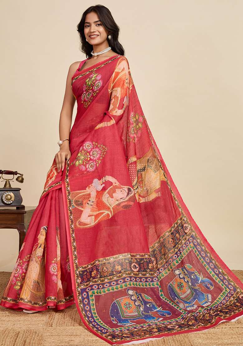 Maroon Embroidered Linen Saree Set - Indya