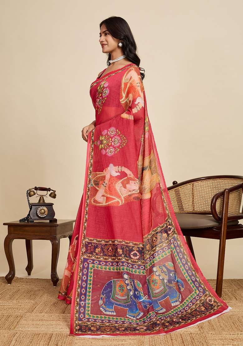 Maroon Embroidered Linen Saree Set - Indya