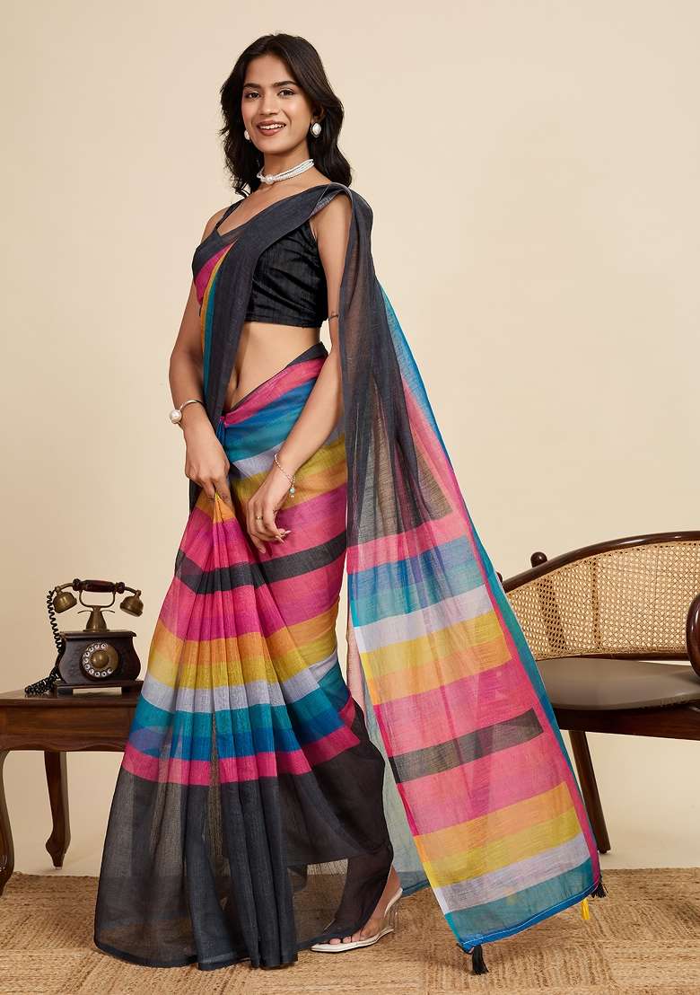 Multi Embroidered Linen Saree Set - Indya