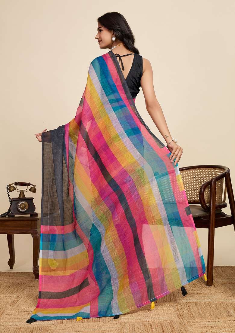 Multi Embroidered Linen Saree Set - Indya