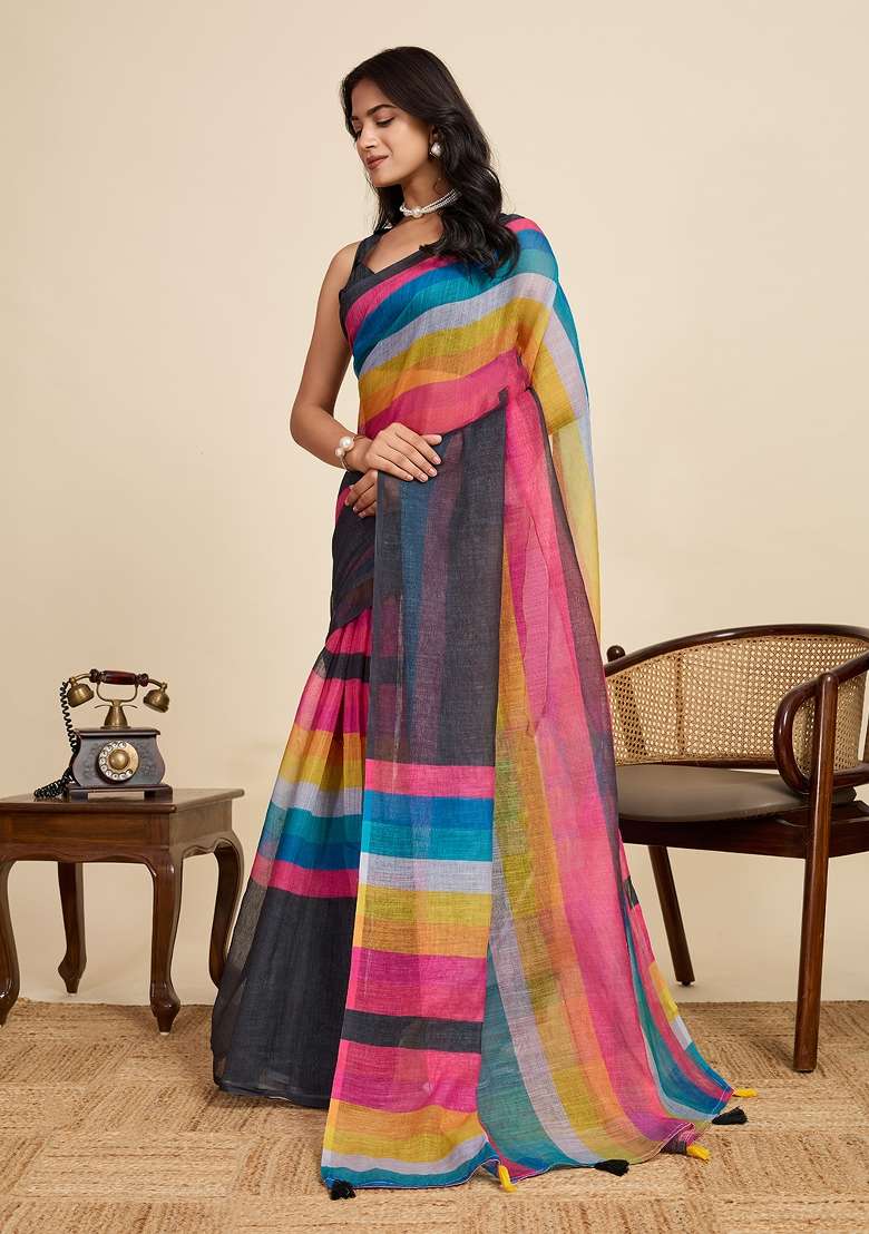 Multi Embroidered Linen Saree Set - Indya
