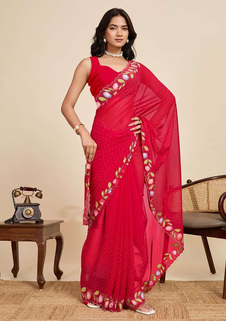Red Embroidered Georgette Saree Set - Indya