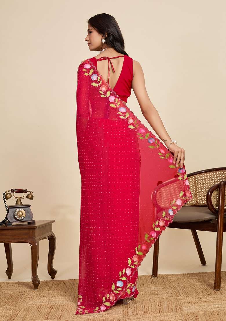 Red Embroidered Georgette Saree Set - Indya