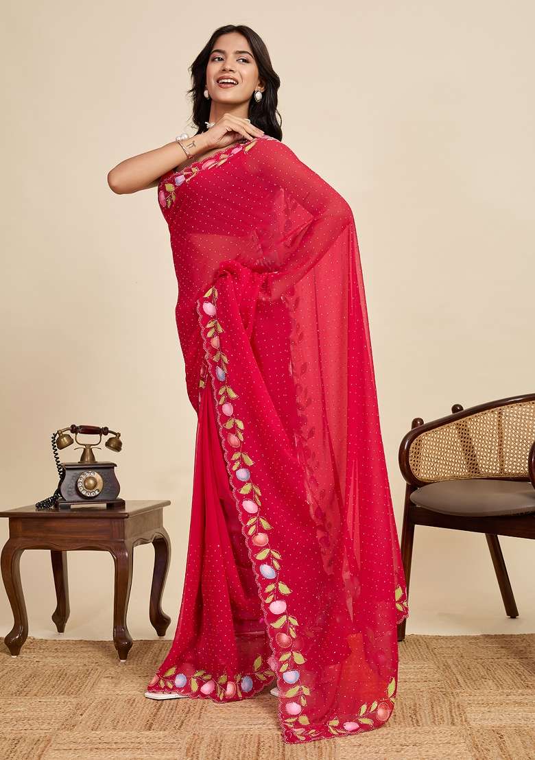 Red Embroidered Georgette Saree Set - Indya