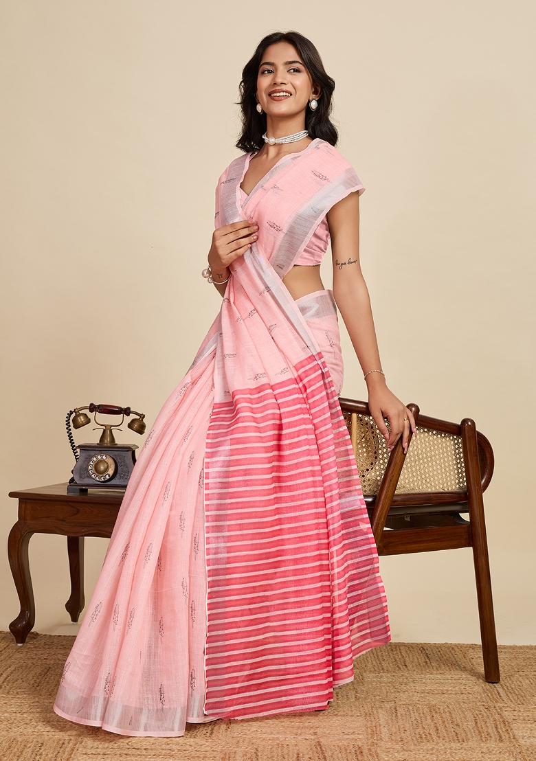 Pink Embroidered Linen Saree Set