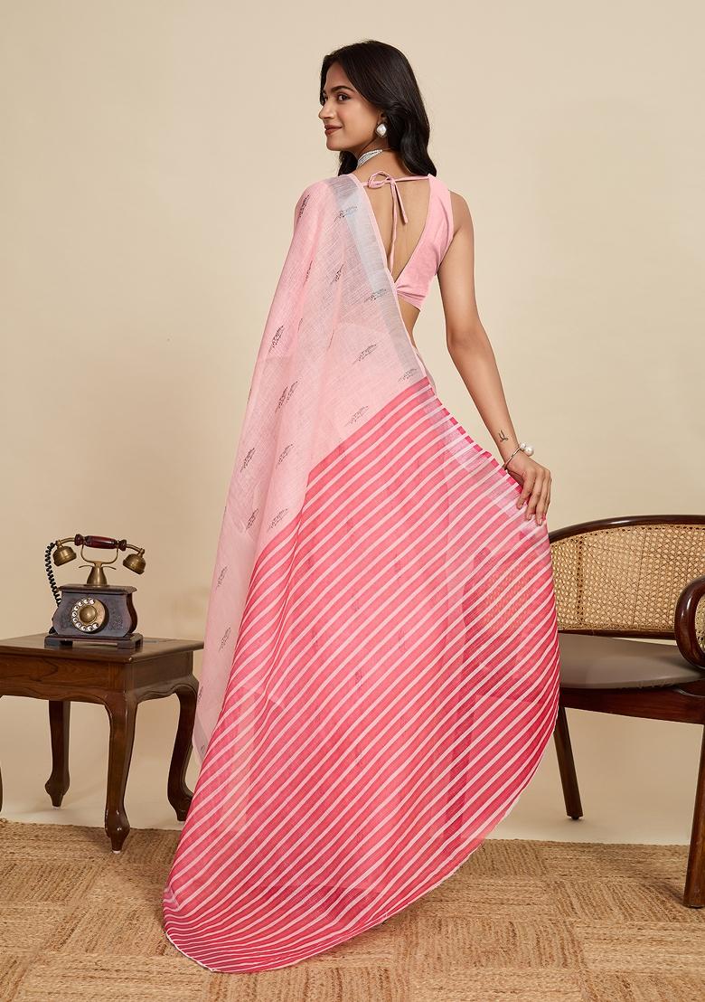 Pink Embroidered Linen Saree Set