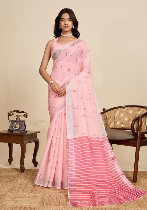 Pink Embroidered Linen Saree Set