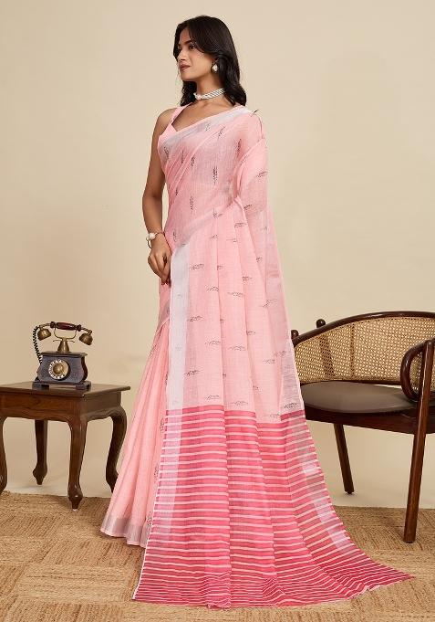 Pink Embroidered Linen Saree Set