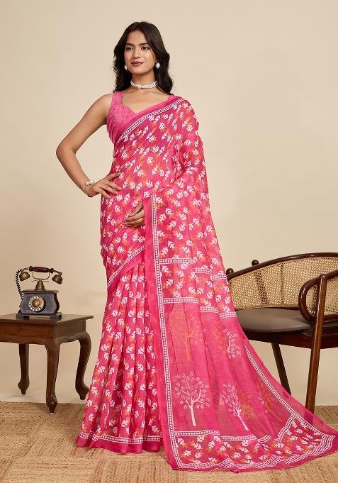 Pink Embroidered Linen Saree Set