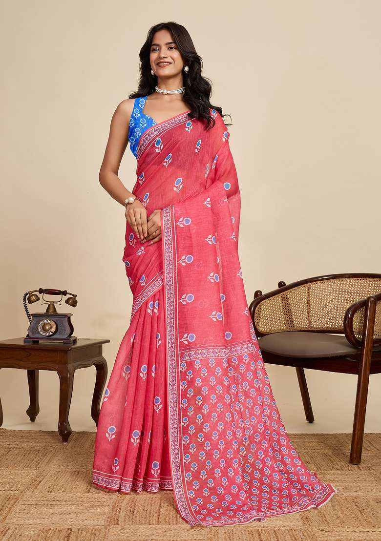 Red Embroidered Linen Saree Set - Indya