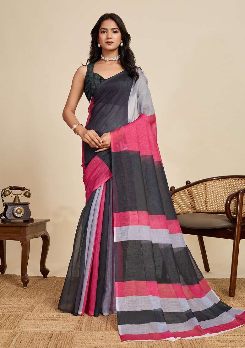 Black Embroidered Linen Saree Set - Indya