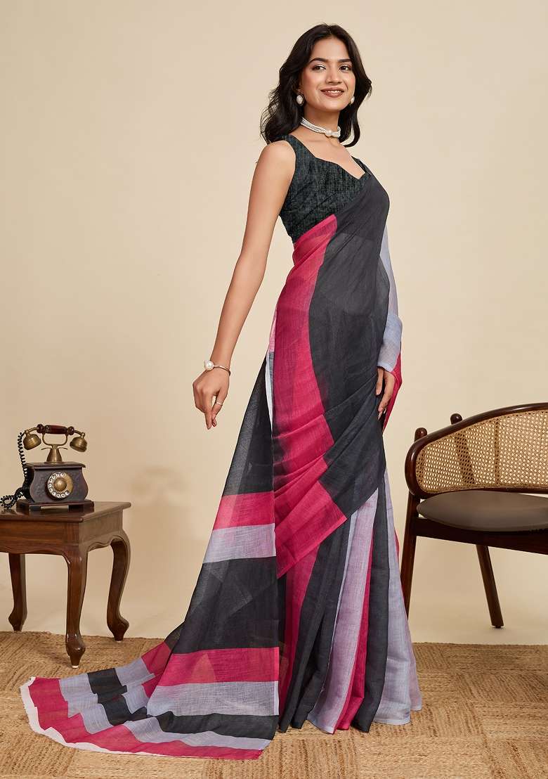 Black Embroidered Linen Saree Set - Indya