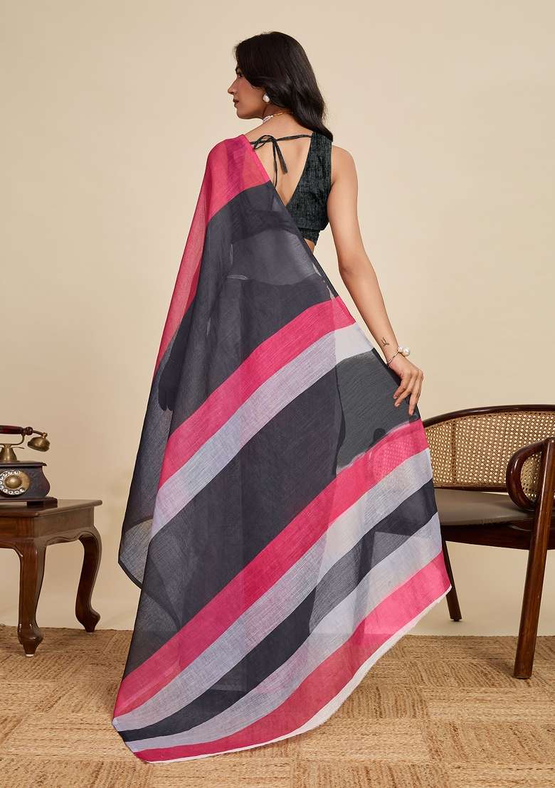 Black Embroidered Linen Saree Set - Indya
