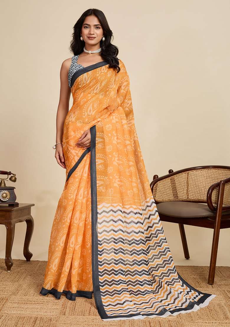 Yellow Embroidered Linen Saree Set - Indya