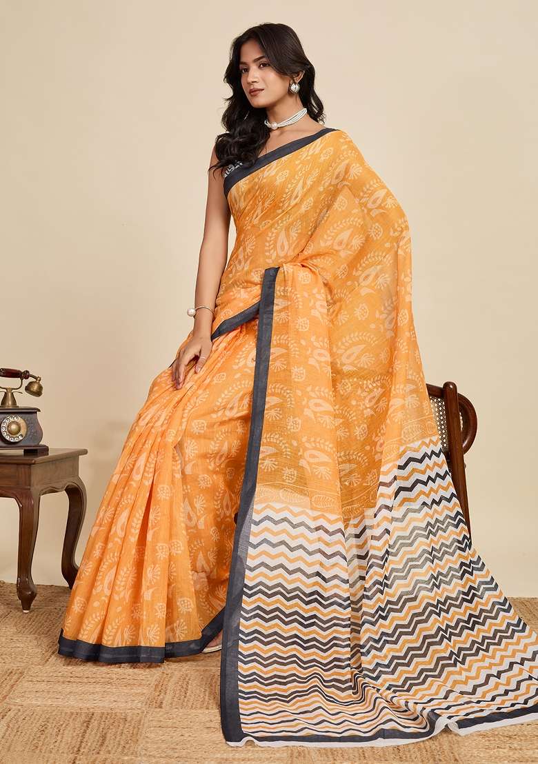 Yellow Embroidered Linen Saree Set - Indya