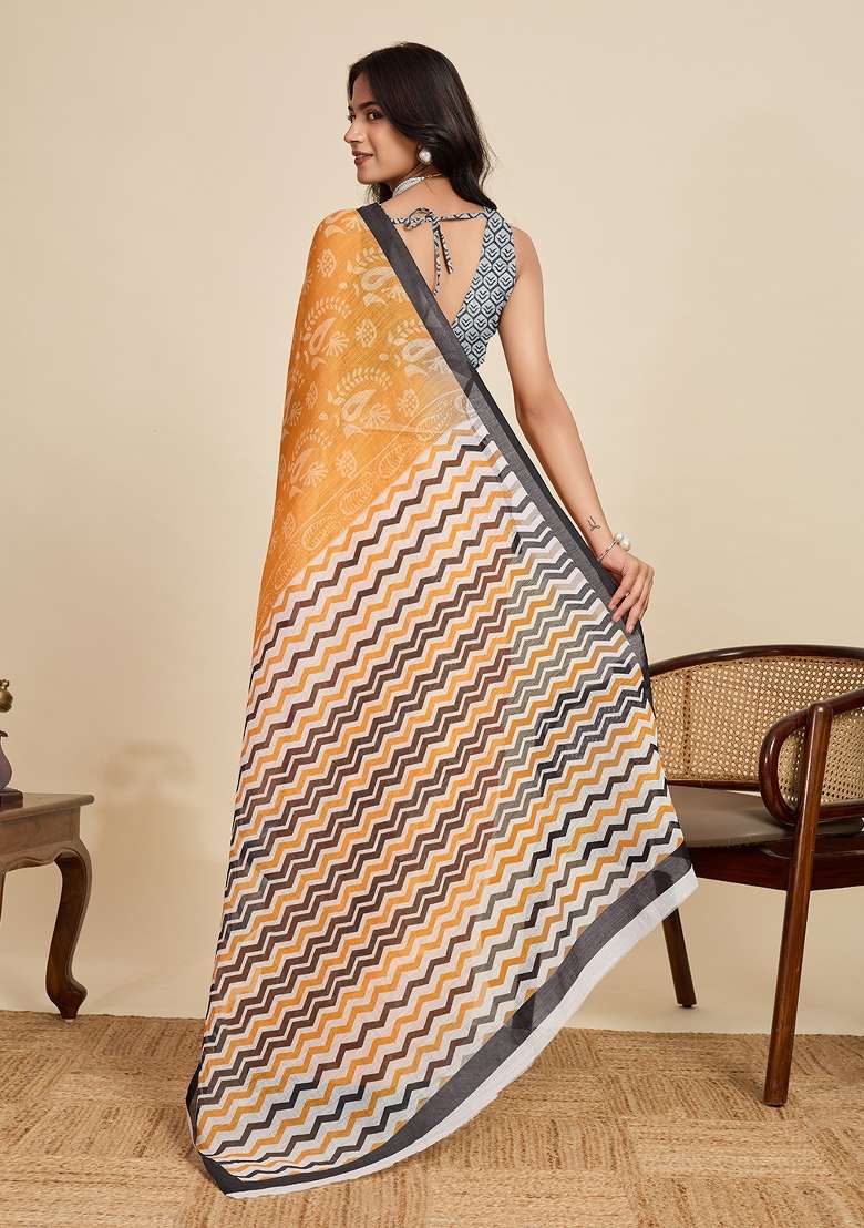 Yellow Embroidered Linen Saree Set - Indya