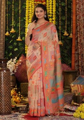 Beige Embroidered Cotton Saree Set