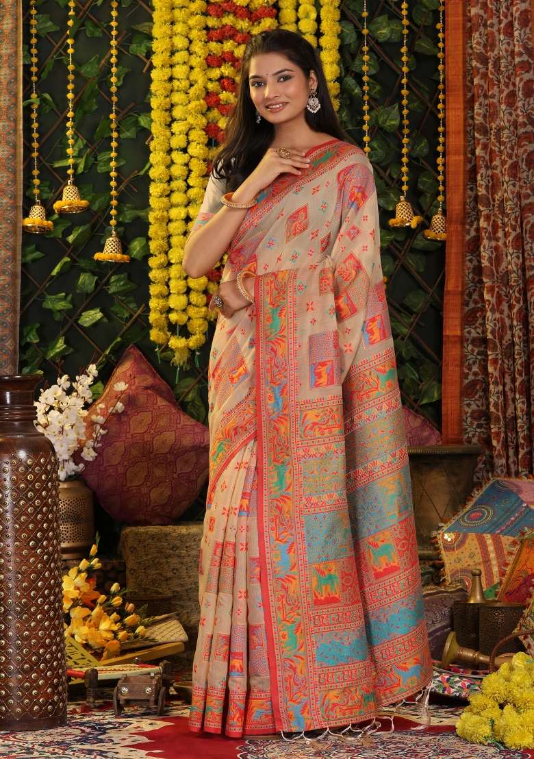 Beige Embroidered Cotton Saree Set - Indya