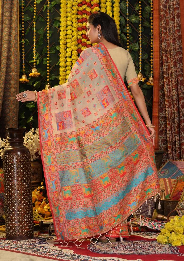 Beige Embroidered Cotton Saree Set - Indya