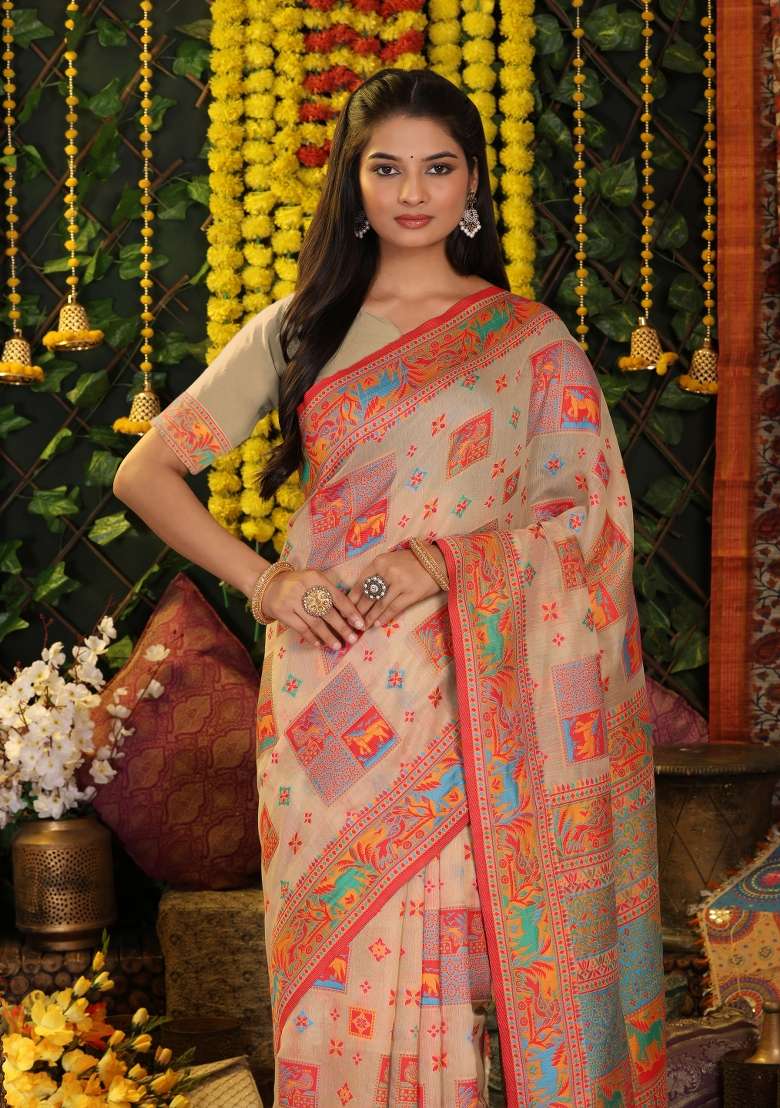 Beige Embroidered Cotton Saree Set - Indya