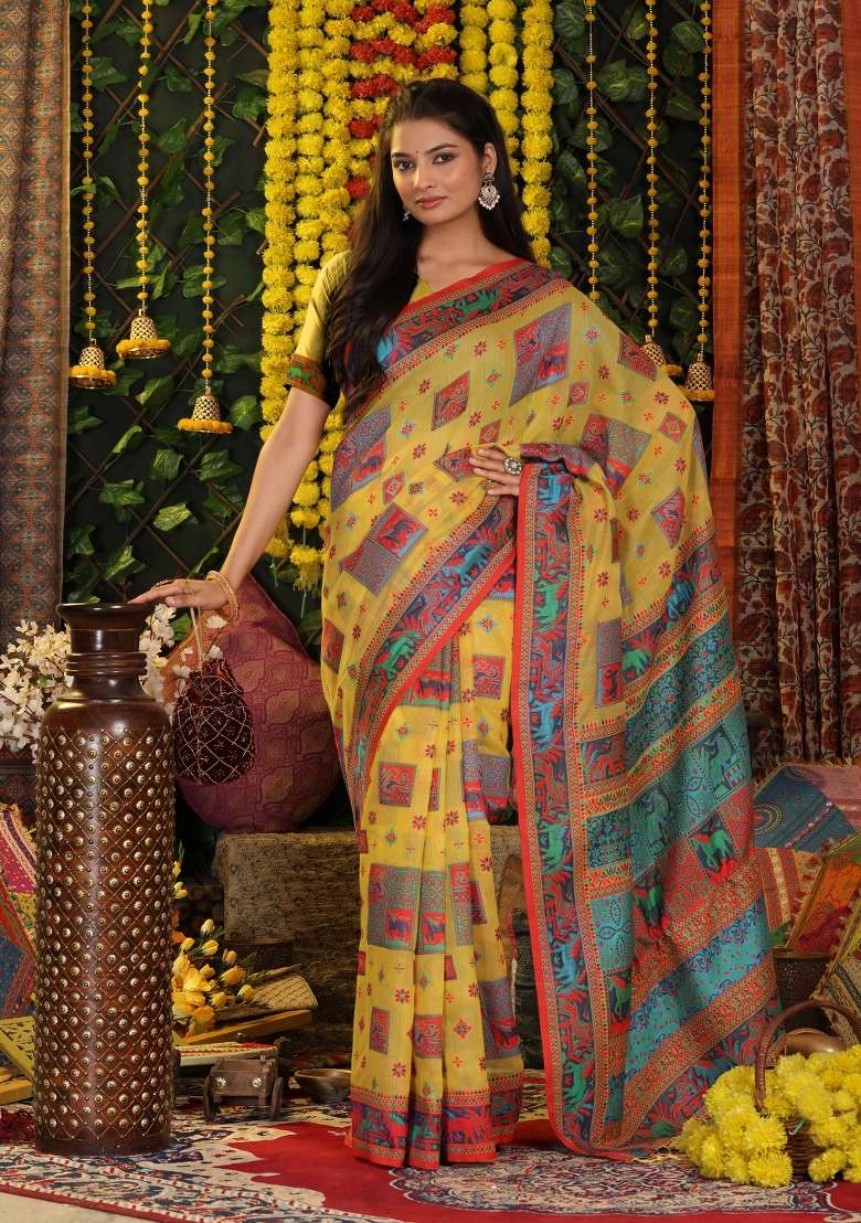 Yellow Embroidered Cotton Saree Set - Indya
