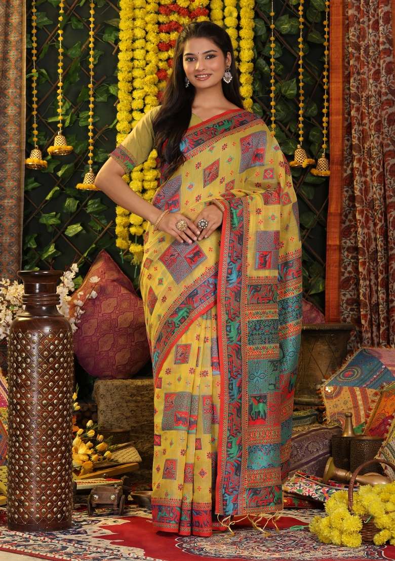 Yellow Embroidered Cotton Saree Set - Indya