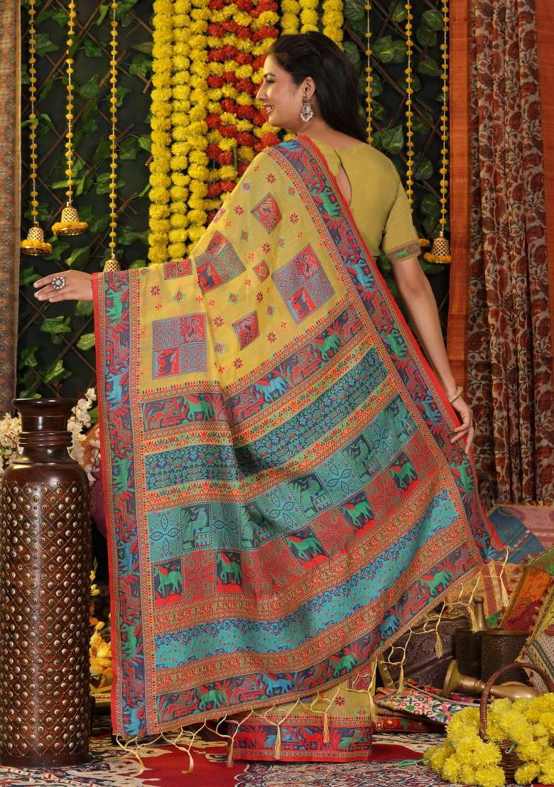 Yellow Embroidered Cotton Saree Set - Indya