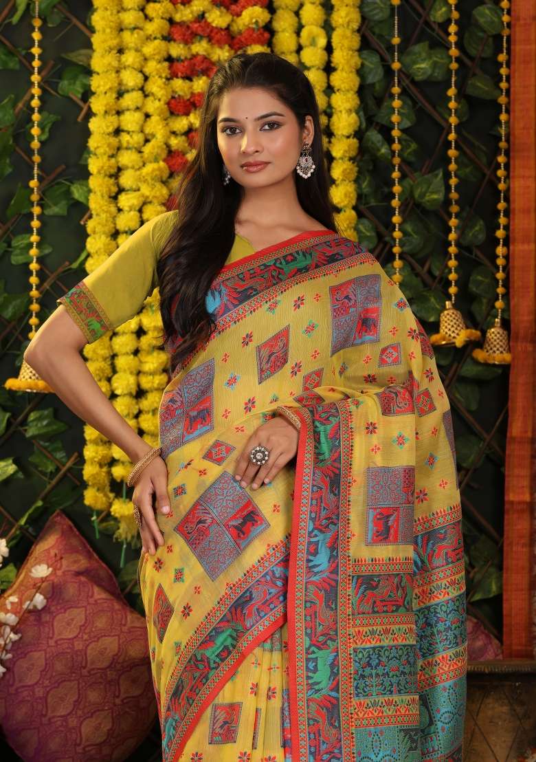 Yellow Embroidered Cotton Saree Set - Indya