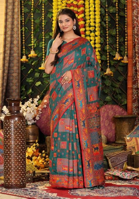 Green Embroidered Cotton Saree Set