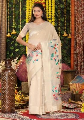Beige Embroidered Cotton Saree Set
