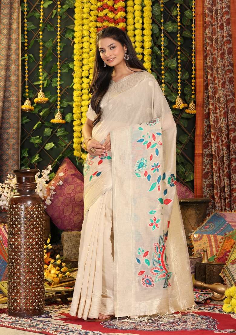 Beige Embroidered Cotton Saree Set - Indya