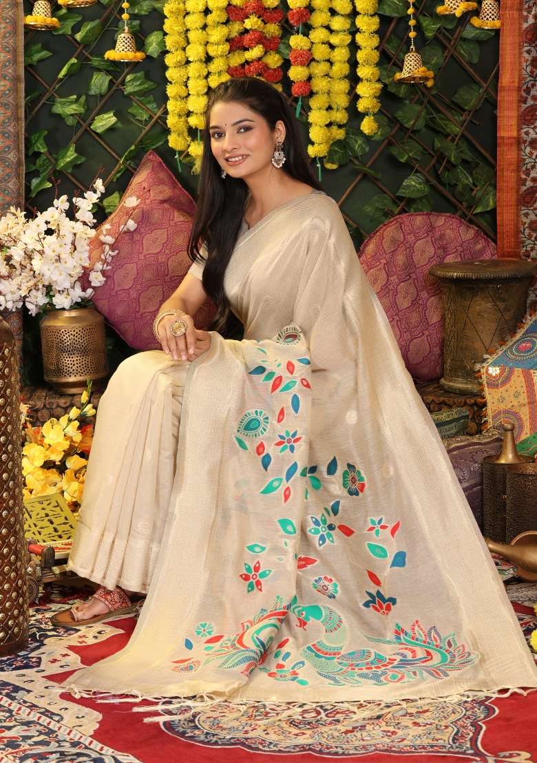 Beige Embroidered Cotton Saree Set - Indya