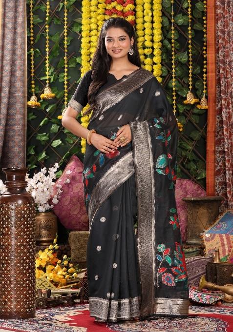 Black Embroidered Cotton Saree Set