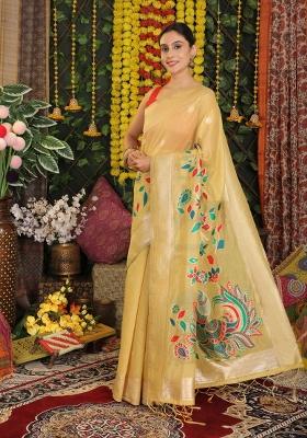 Yellow Embroidered Cotton Saree Set