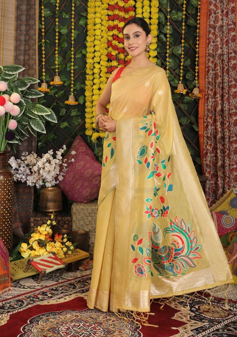 Yellow Embroidered Cotton Saree Set - Indya