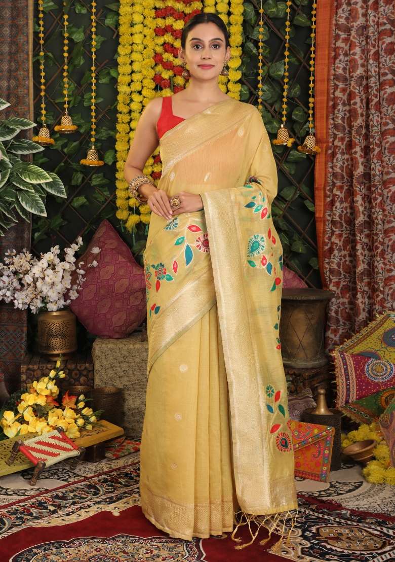 Yellow Embroidered Cotton Saree Set - Indya