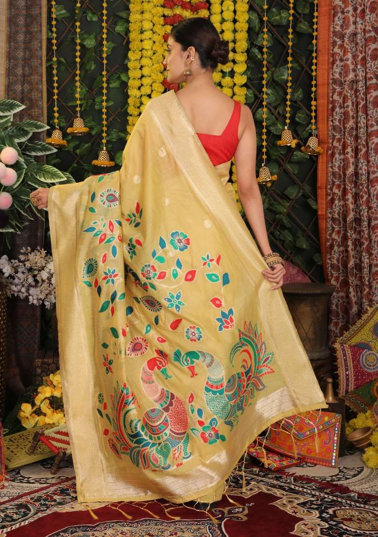 Yellow Embroidered Cotton Saree Set - Indya