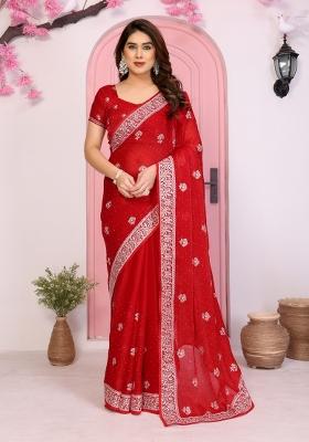 Red Embroidered Frendy Chiffon Saree Set