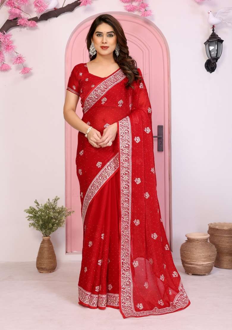Red Embroidered Frendy Chiffon Saree Set - Indya