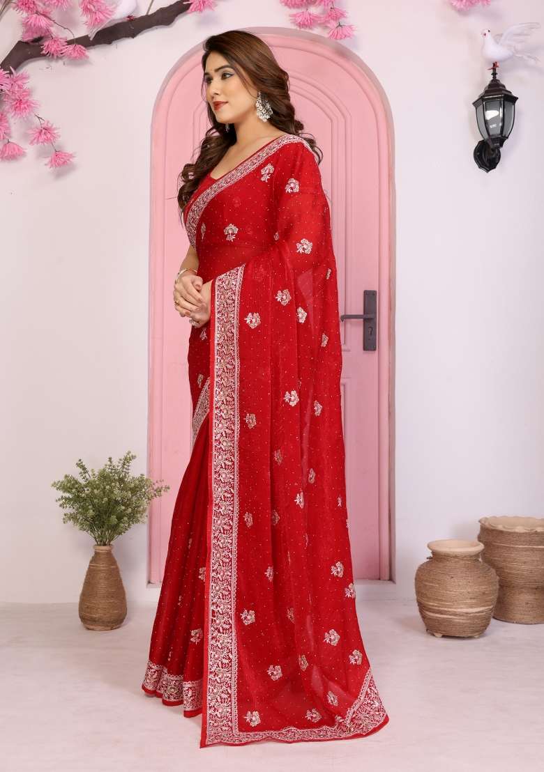 Red Embroidered Frendy Chiffon Saree Set - Indya