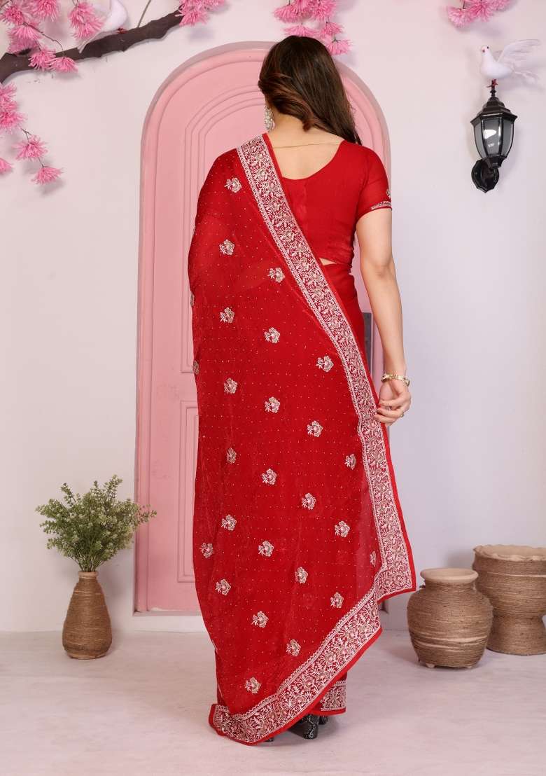 Red Embroidered Frendy Chiffon Saree Set - Indya
