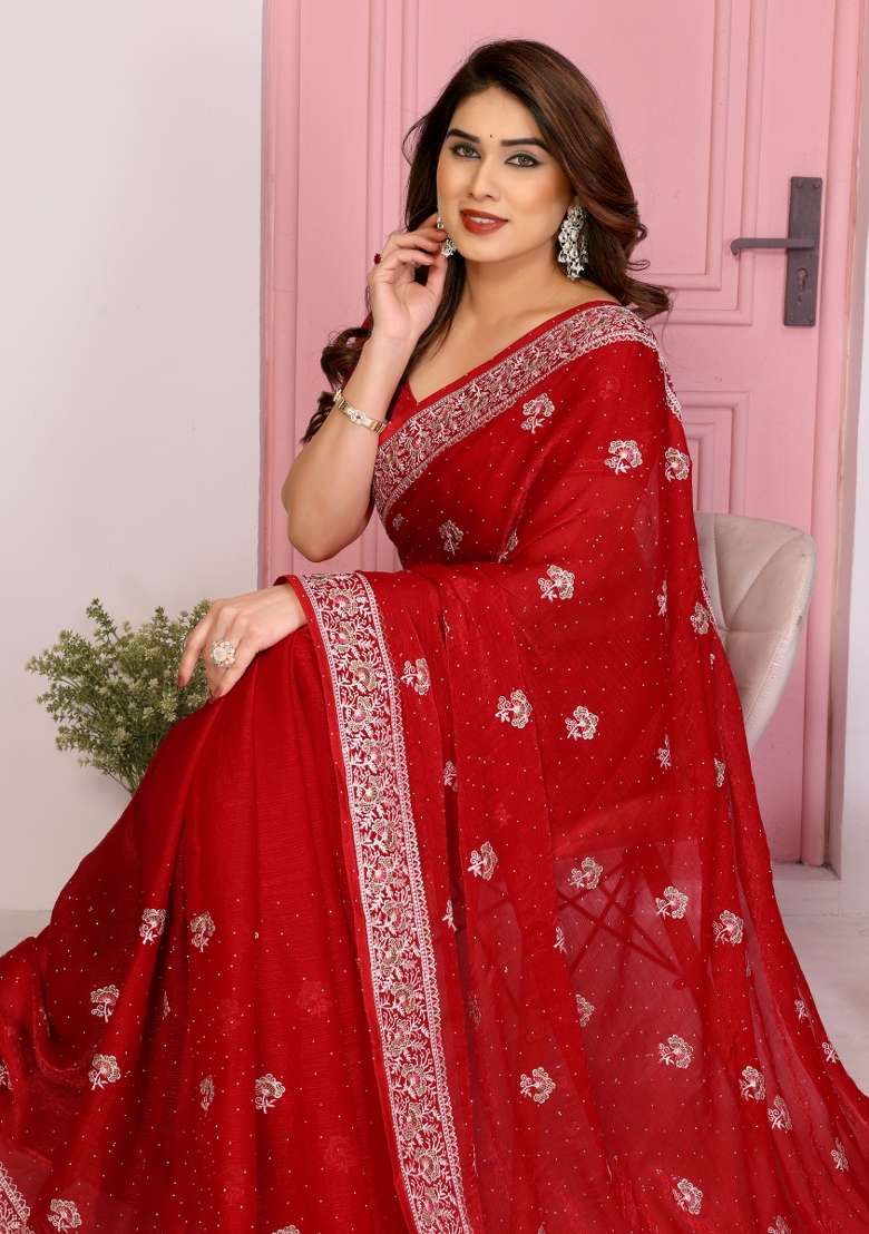 Red Embroidered Frendy Chiffon Saree Set - Indya