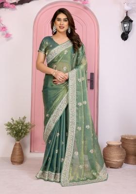 Green Embroidered Frendy Chiffon Saree Set