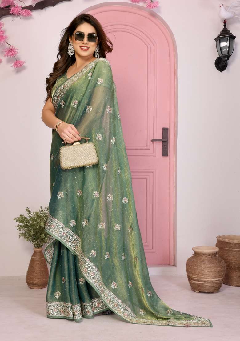Green Embroidered Frendy Chiffon Saree Set - Indya