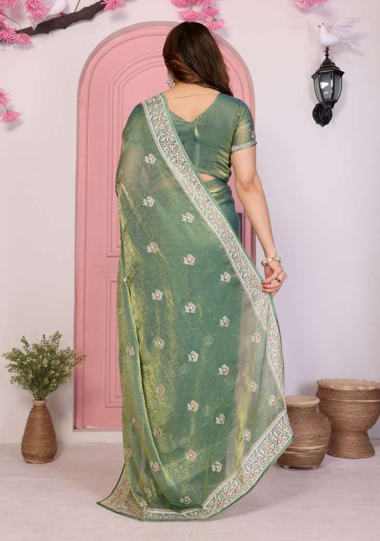 Green Embroidered Frendy Chiffon Saree Set - Indya