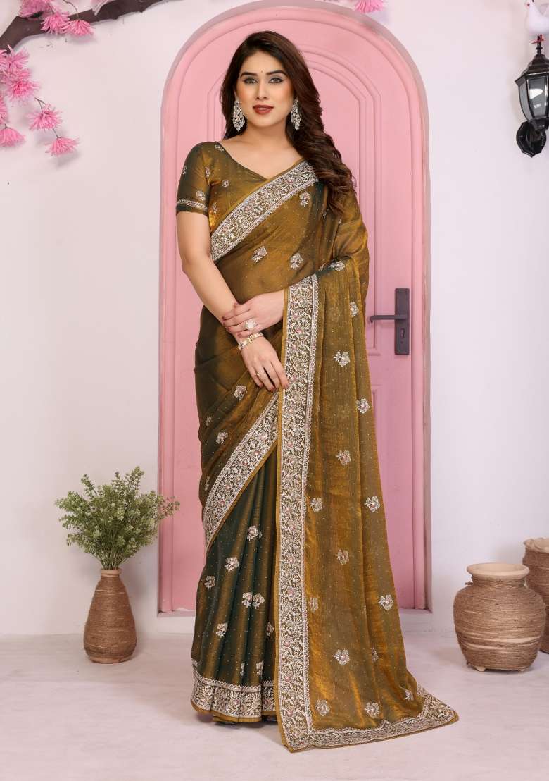 Brown Embroidered Frendy Chiffon Saree Set - Indya