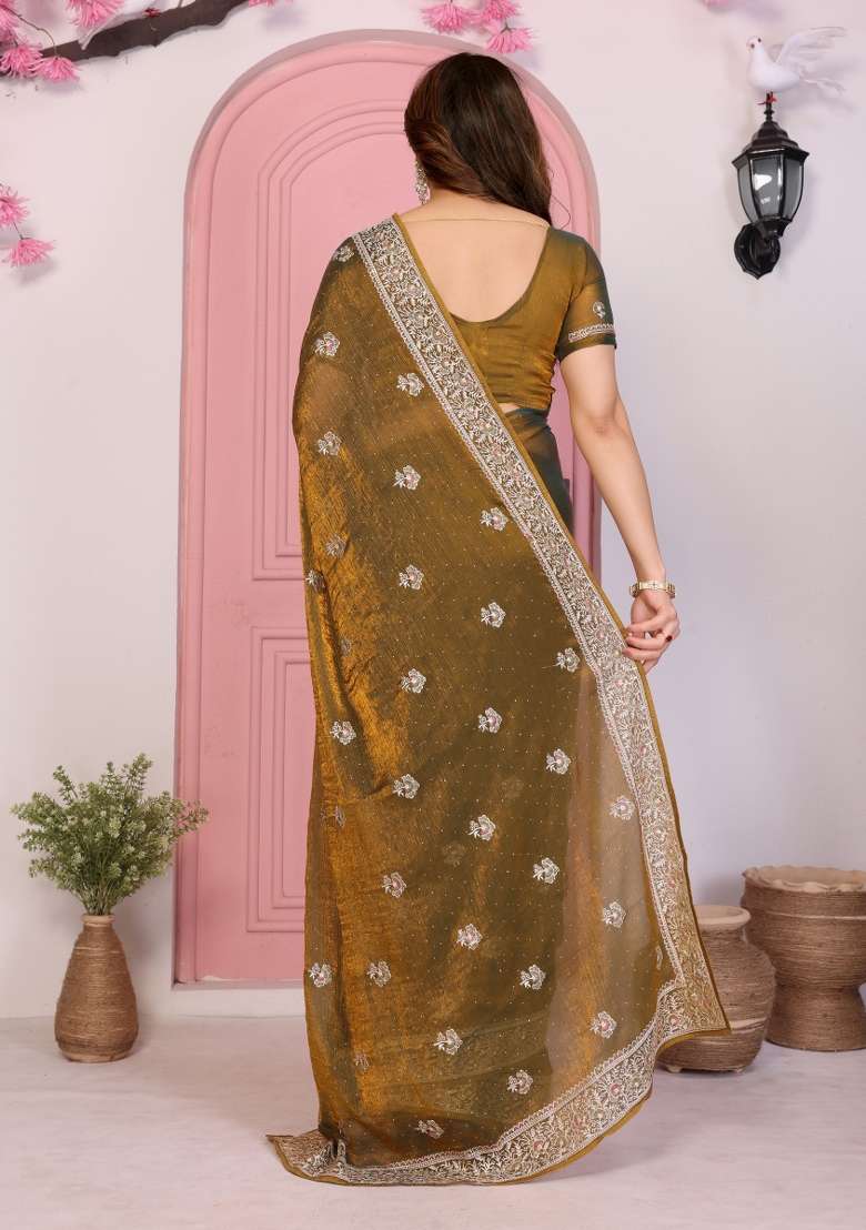 Brown Embroidered Frendy Chiffon Saree Set - Indya
