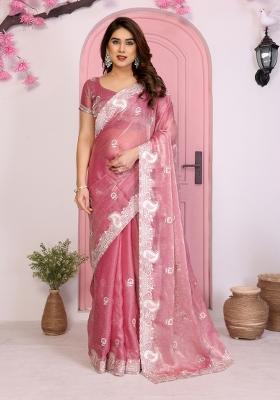 Pink Embroidered Frendy Chiffon Saree Set