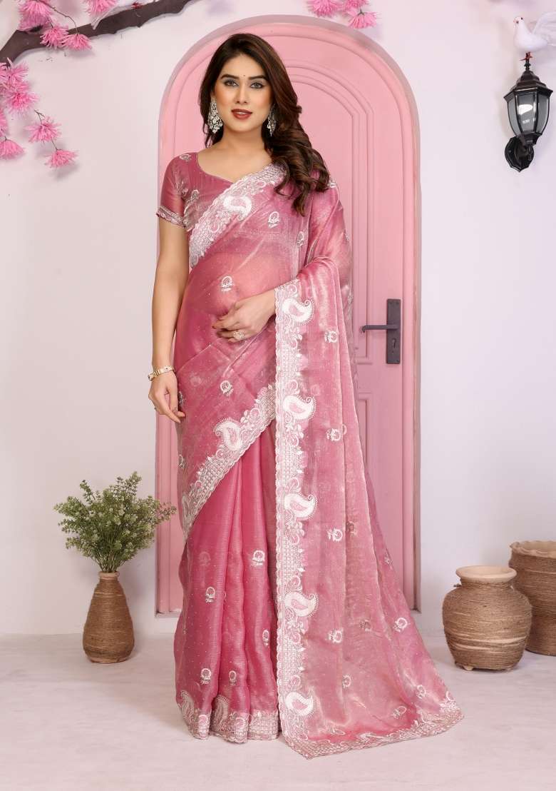 Pink Embroidered Frendy Chiffon Saree Set - Indya