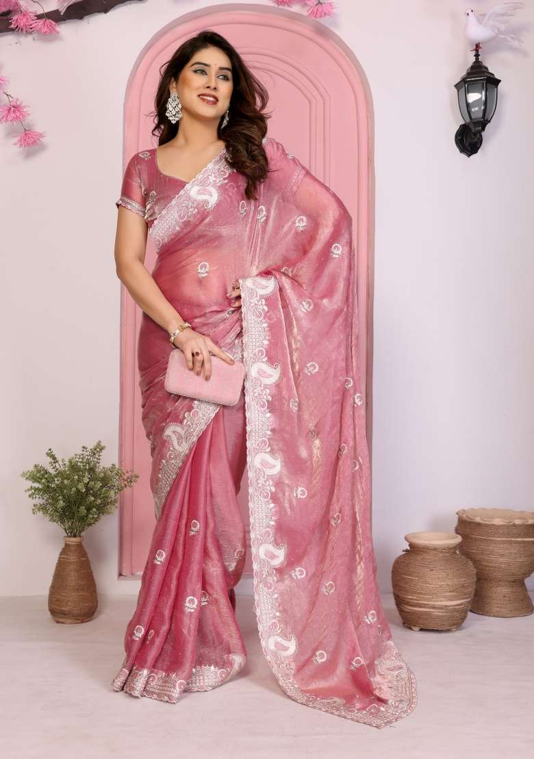 Pink Embroidered Frendy Chiffon Saree Set - Indya